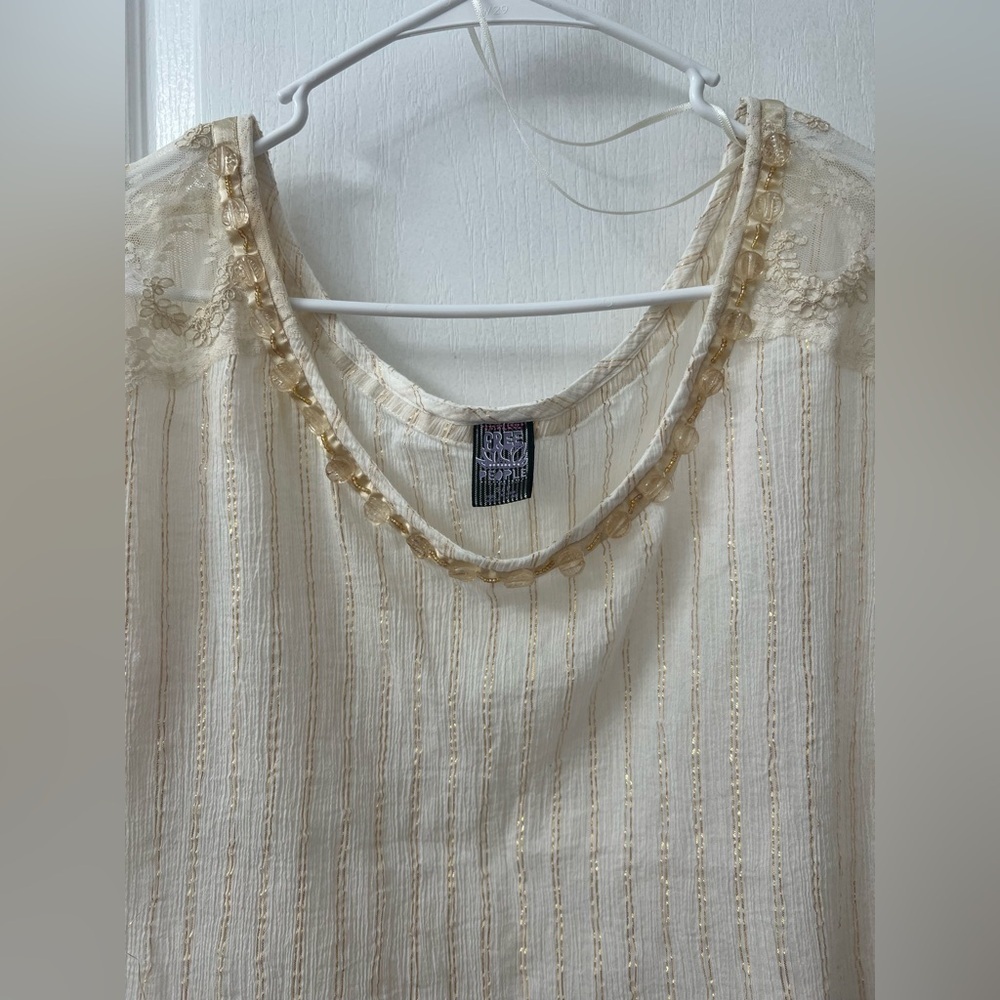 Free People Vintage Ivory Short Sleeve Beaded Wide Neck Blouse (Size S) - Picture 7 of 12